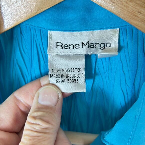 Vintage 90s Rene Margo Turquoise Blue Crinkle Pleated SS Button Down Top Size S - Picture 6 of 11